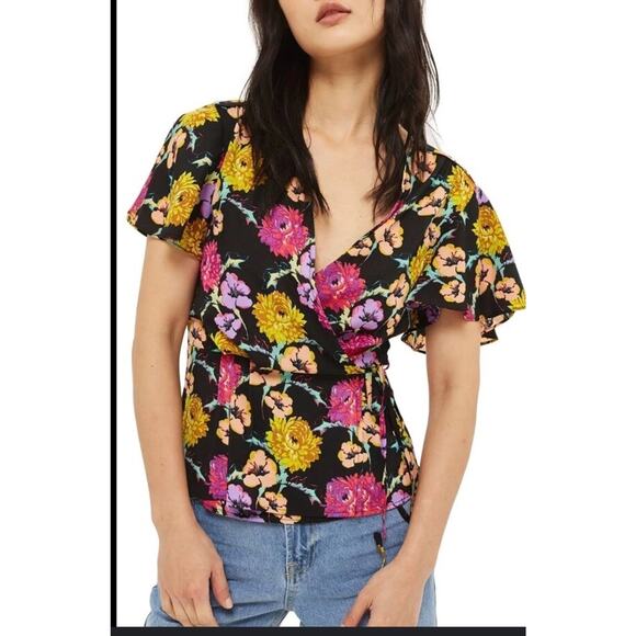 Topshop Tops - Topshop Floral Wrap Blouse Womens Size 10 Black Yellow Preppy Classic NWT
